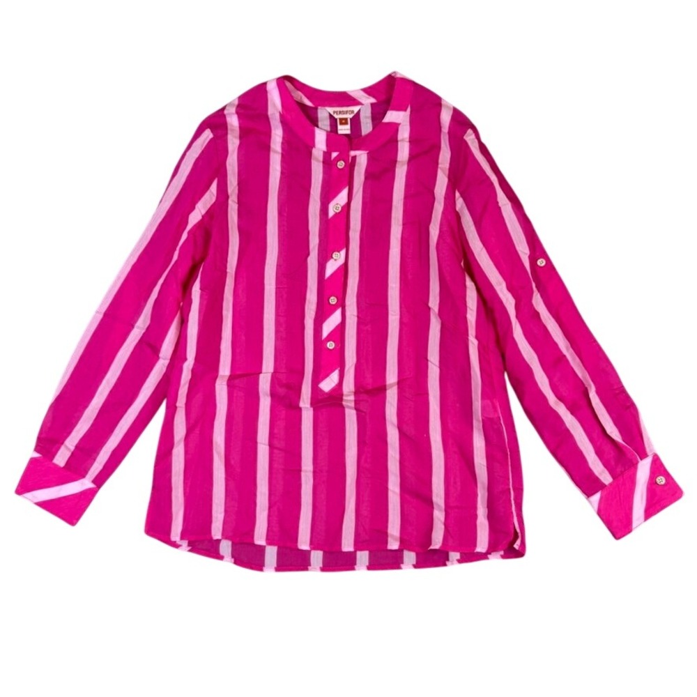 Persifor Pink Striped Band Collar Long Sleeve Blouse Size Medium Made in USA